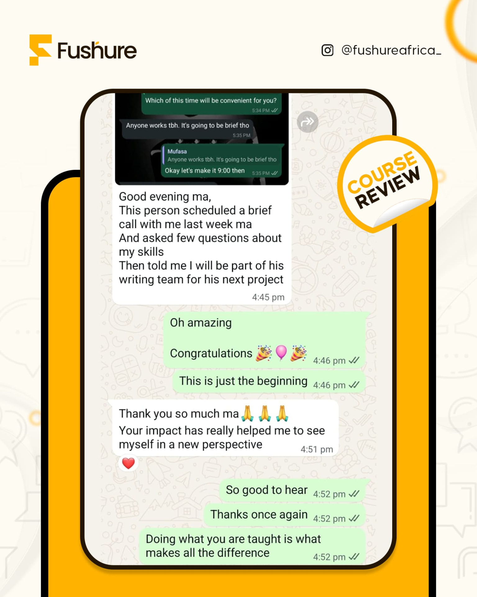Participant message confirming a successful job placement